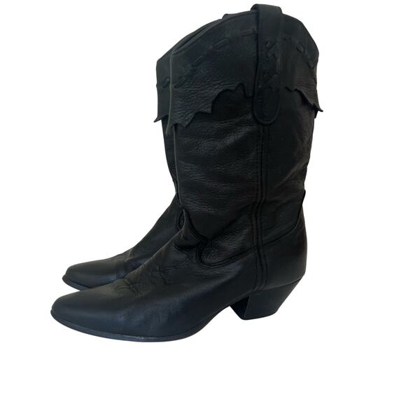 Laredo Black Leather Western Cowboy Boots, Scalloped Trim, Size 8M, USA Made - Picture 2 of 11